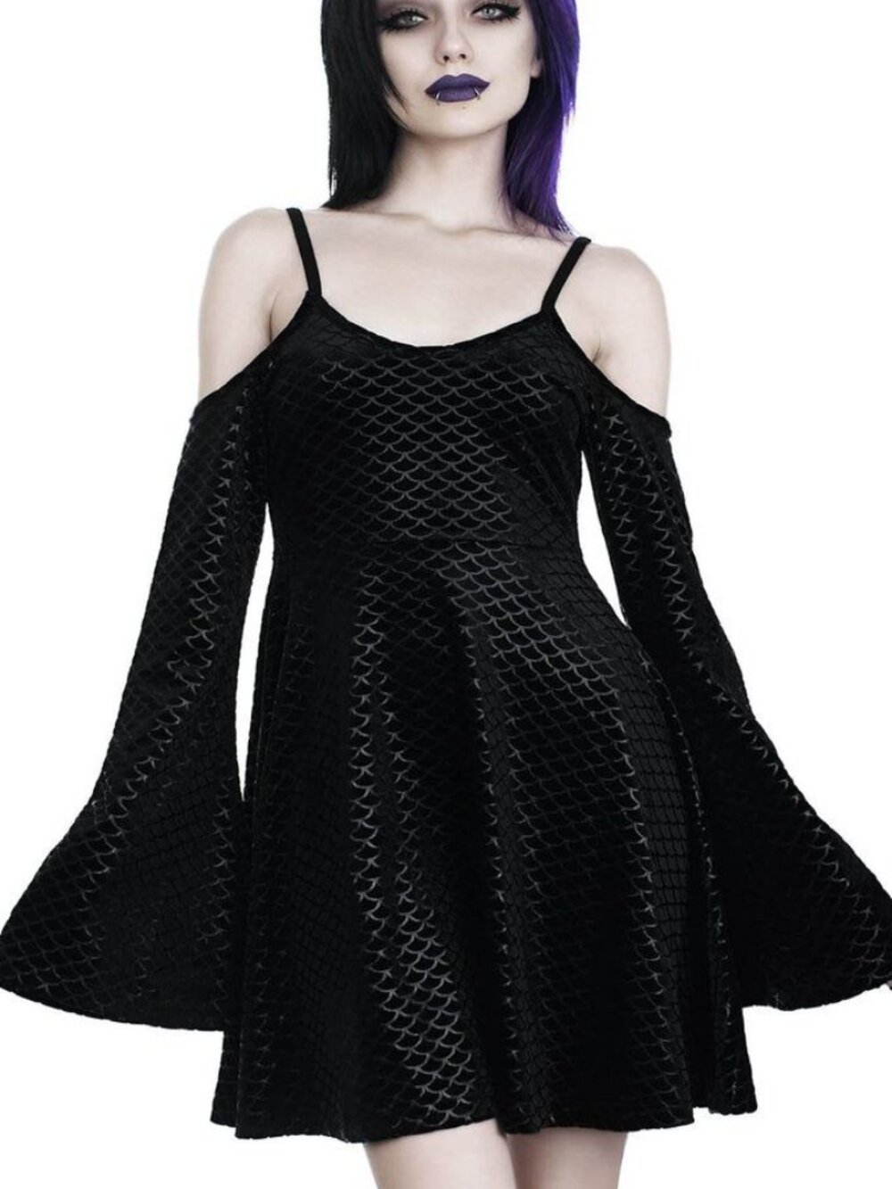 NEW Killstar Black Sea Sorcerer Cold-Shoulder Mermaid Scale Mini Dress Small